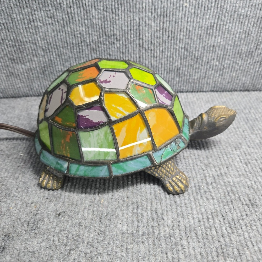 Vintage Tiffany Style Stained Glass Turtle Table Lamp Brass 8" Multicolor - Picture 4 of 8